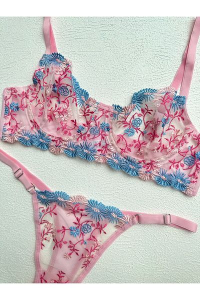 dem merys Pink Blue Underwire Bra Set