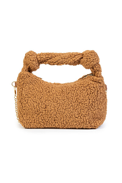 NOTHING Women's Furry Plush Knot Detailed Handled Chain Strap Mini Hand Shoulder Baguette Bag