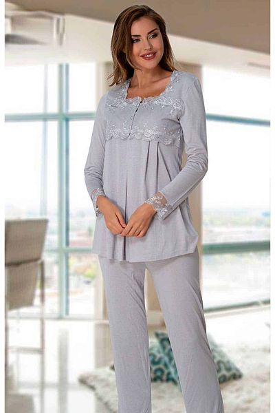 BLACKMORE Women's Gray Lace Long Sleeve Maternity Pajama Set
