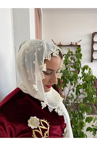 Gelincik Çeyiz Iğne Oyası Baş Örtüsü Krem Renk Namaz Örtüsü, Mevlüt Örtüsü