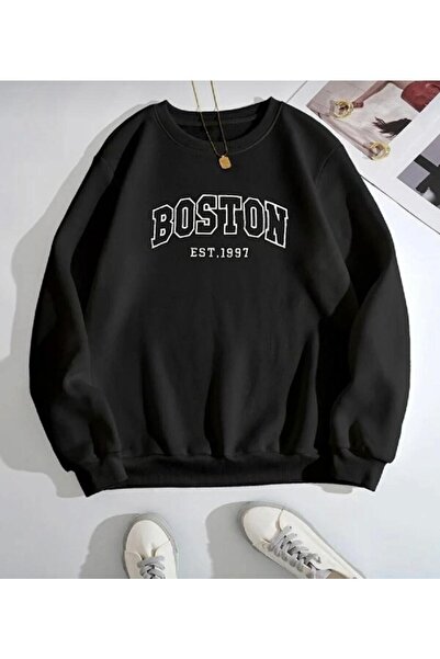 BEGRİFF Hanorac din bumbac fără glugă, unisex, negru, imprimat Boston