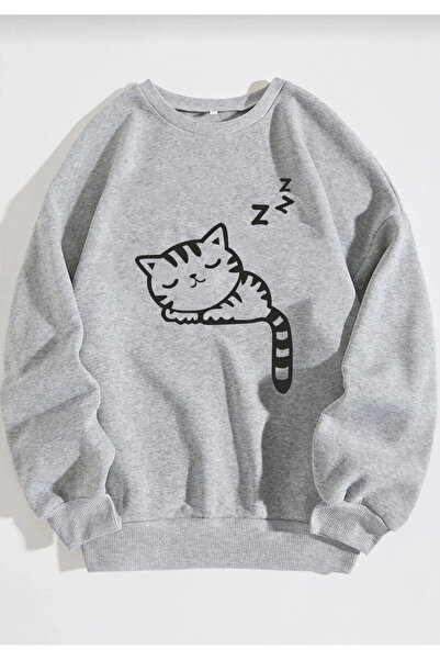 Surprise tekstil Σουρπράιζ unisex φούτερ με στάμπα γάτας που κοιμάται, σε γκρ...