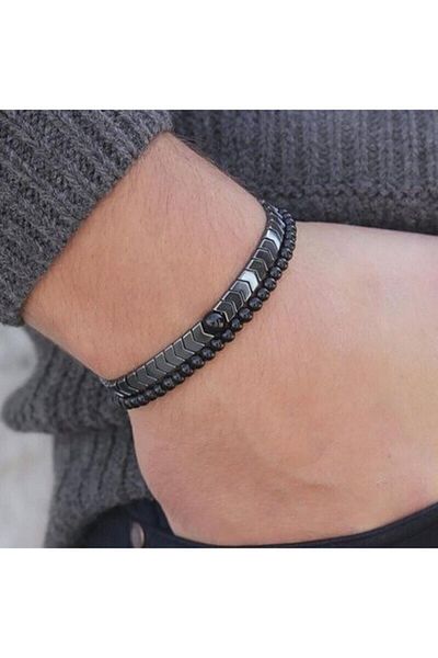 Zuk Collection Natural Stone Onyx and Hematite Stone Bracelet Set