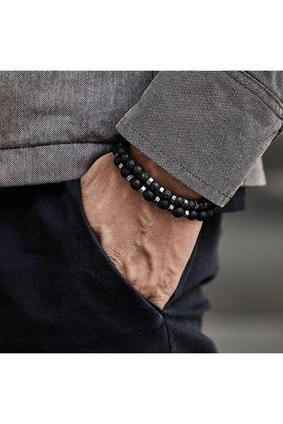 Zuk Collection Onyx and Lava Stone Set of Two Men's Natural Stone Bracelet with Wooden Gift Box