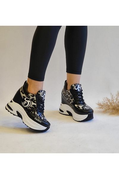nuaA Toc ascuns 10 cm Talpă înaltă cu model leopard Pantofi sport damă Fashion 5 Negru