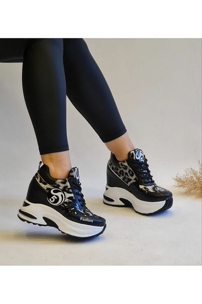 nuaA Toc ascuns 10 cm Talpă înaltă cu model leopard Pantofi sport damă Fashion 5 Negru