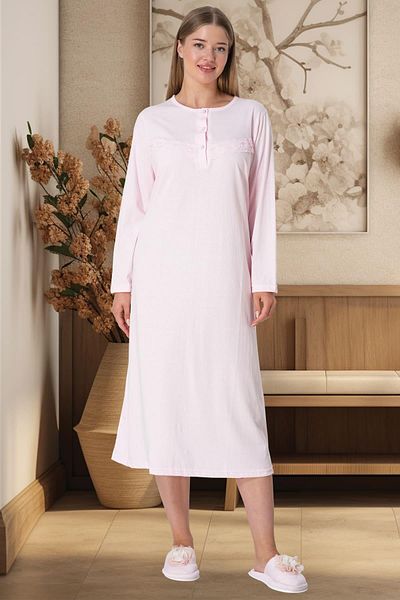 Mecit Pijama Μακρυμάνικο γυναικείο νυχτικό Plus Size 100% βαμβακερό ροζ