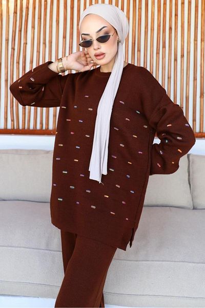 benguen 23006 Embossed Knitwear Suit Brown
