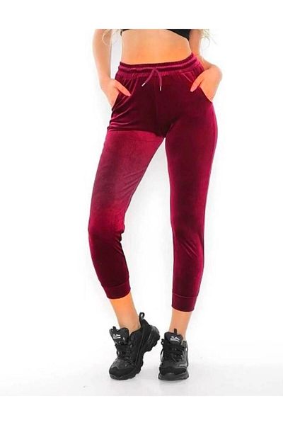 OMODAM Women's Pocketed Red Elastic Leg Slim Fit Velvet Sweatpants