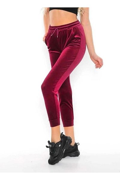OMODAM Women's Pocketed Red Elastic Leg Slim Fit Velvet Sweatpants
