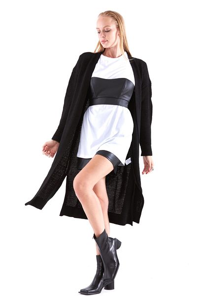 THIMOON Black Long Non-Closure Knit Cardigan Comfortable and Stylish Design