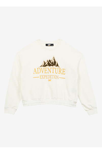 Caterpillar Ekru Kız Çocuk Bisiklet Yaka Oversize Baskılı Sweatshirt C3WG-SWT13