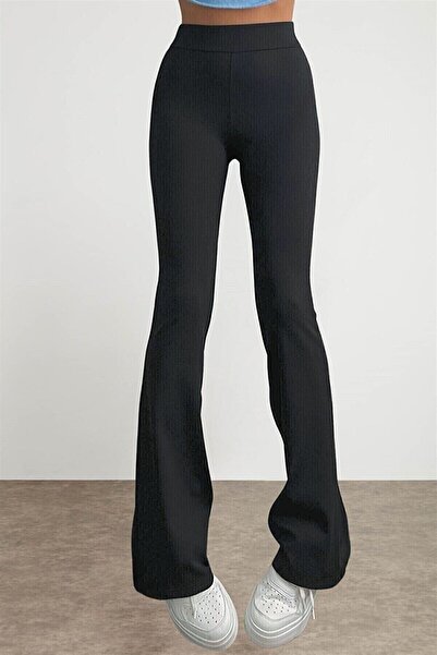 byhaziran butik Dámské černé španělské legíny s vysokým pasem se žebrovanými nohavicemi Xl