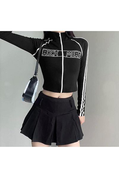 Touz Y2K Streetwear Rockmore εμπριμέ μαύρο μακρυμάνικο φερμουάρ