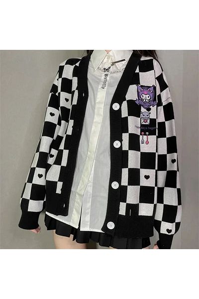 Köstebek Fantasy Magic Kuromi Black and White Checkered Cardigan