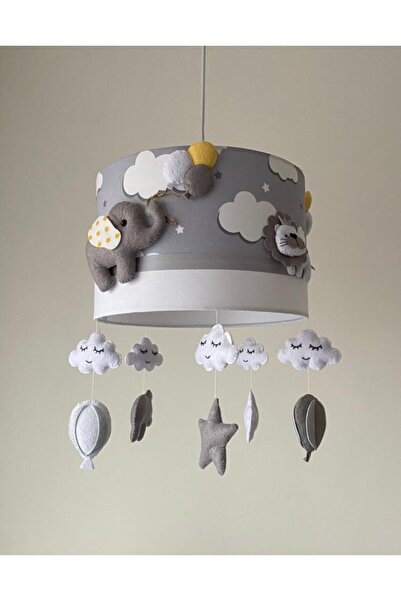 Leobabyroom Gri Bulutlu Gri Şeritli Karışık Hayvan Figürlü Kız/Erkek Çocuk Od...