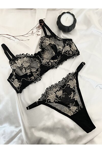 ARONA Krem Çiçek Desenli Siyah Brode Sütyen Takım