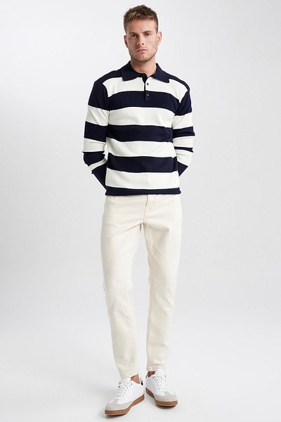 DeFacto Standard Fit Regular Cut Striped Polo Collar Knitwear Sweater Y4194Az23Wn