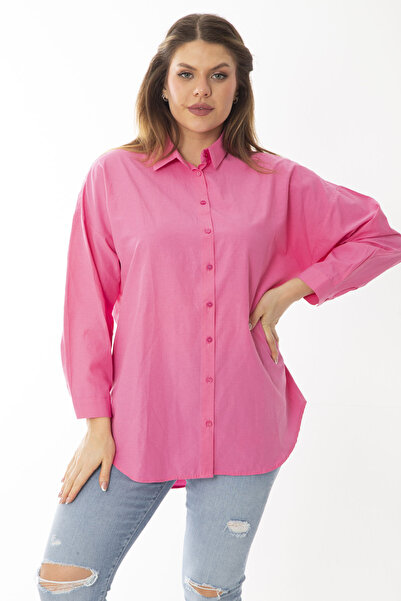 Şans Γυναικείο μακρυμάνικο πουκάμισο με κουμπιά μπροστά σε μεγάλο μέγεθος ροζ 65N37046