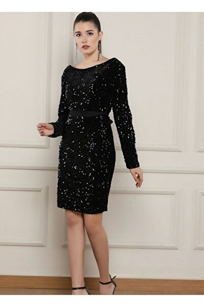Hepsibitarz Kadın Siyah Kadife Payetli Abiye Elbise