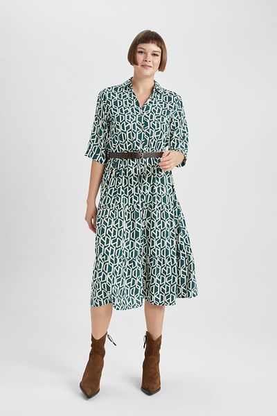DeFacto Shirt Collar Printed Midi Long Sleeve Dress