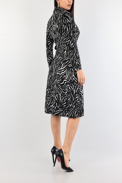asur boutique Women's Scuba Fabric Belted Midiboy Zebra Patterned Double Breasted Collar Black Color Dress