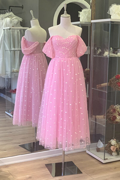 Lenta Moda Pudra Papatyalı Midi Boy Tül Abiye ve Gece Elbisesi