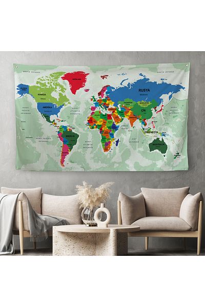 Decoraw 3840 Model Turkish Educational Country and Capital Map - Ocean Detailed, Atlas Wall Cover