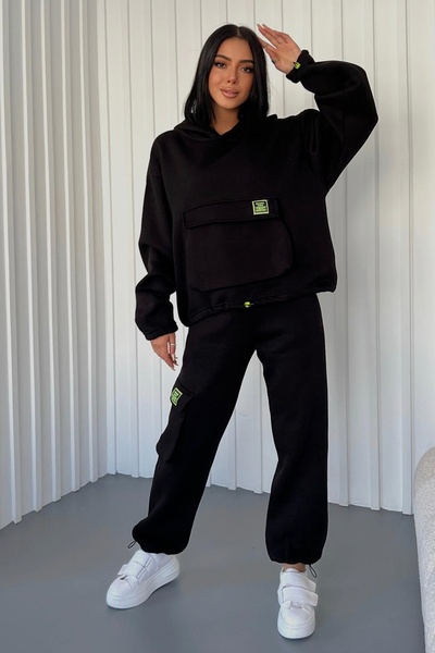 lovebox Thick Three Thread Fabric Long Sleeve Black Tracksuit with Kangaroo Pocket and Side Cargo Pocket Detail 350