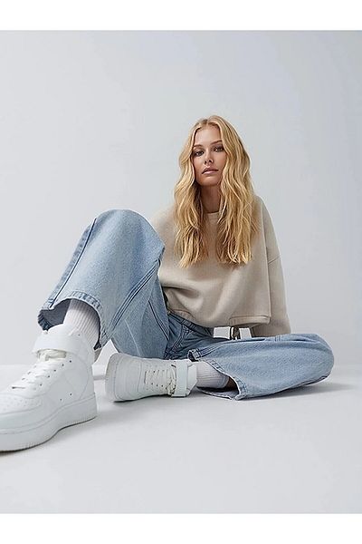 Trn JNS Elena Super Star Pantaloni palazzo din denim cu talie înaltă, albastru, nedecolorat, anii 90