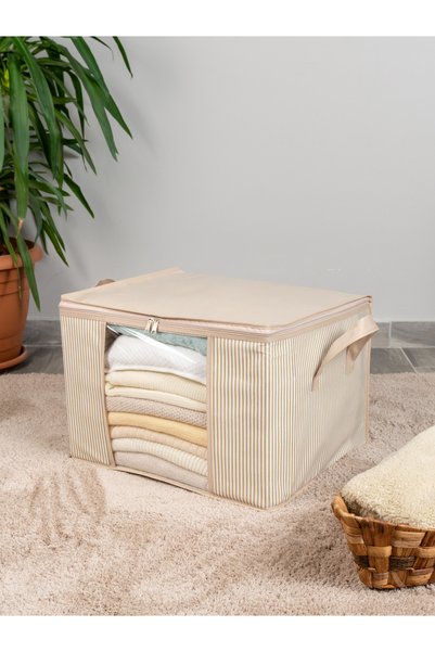 NACAREV 4 Pieces Medium Size Windowed Line Patterned Beige Closet Organizer Clothing Storage Set 45x40x30cm