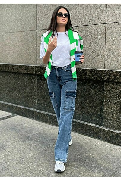 Trn JNS Iza Medium Blue Snow Wash Cargo Loose Back Packetless Lycra jean παντελόνι