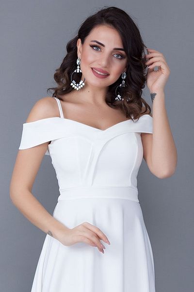 vuvutasarım Lycra Fabric Thin Strap V-Neck Wide Flared Cut Long Maxi Length White Evening Dress 342