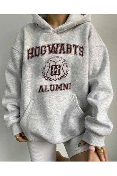BEGRİFF Unisex Gray Oversize Hooded Kangaroo Pocket Hogwarts Printed Sweatshi...