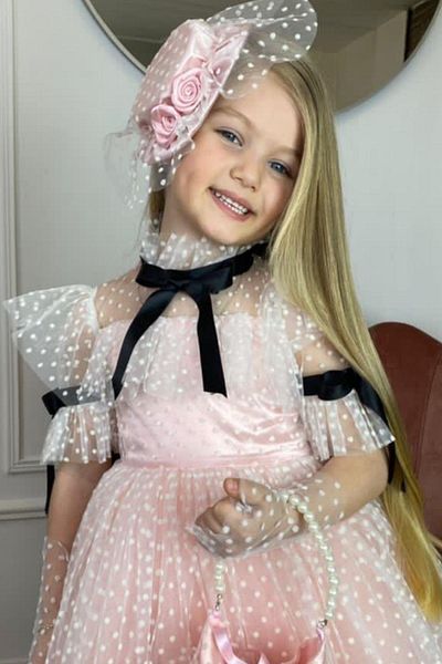 Riccotarz Girl's Polka Dot Powder Evening Dress with Transparent Neck and Bow Detail on Sleeves