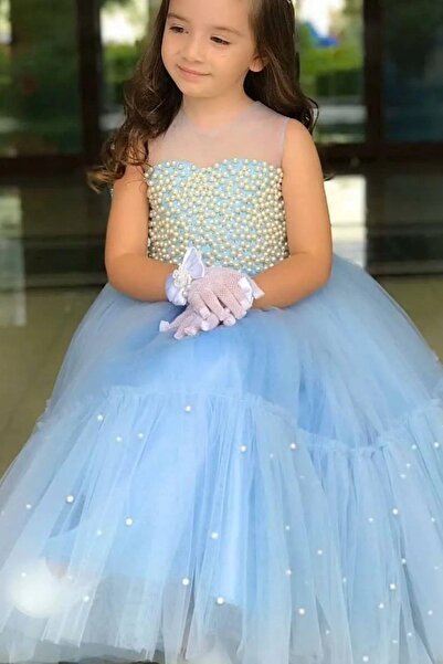 Riccotarz Girl's Blue Evening Dress with Transparent Collar and Pearl Bead Detail