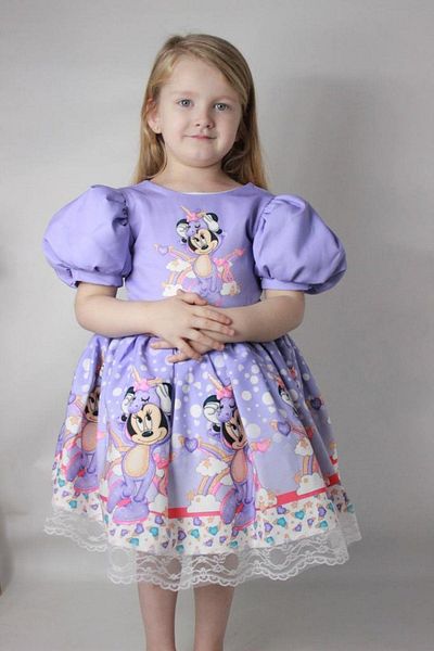 Riccotarz Girl's Balloon Sleeve Minnie Mouse Printed Hem Guipure Embroidered Lilac Dress