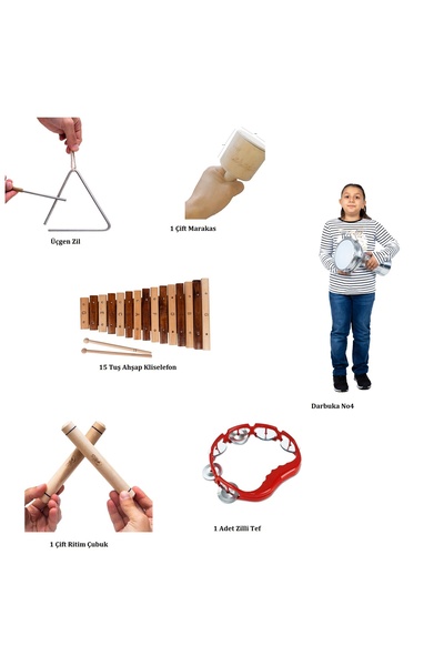 Donizetti Anaokulu Ritim Orff Set Ucgen Zil Ahsap Ksilofon Darbuka Marakas Ritim Çubugu Zilli Tef