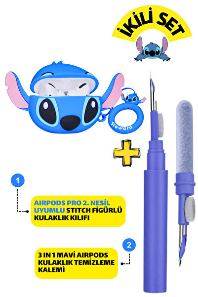EWEC Pro 2. Nesil Uyumlu Stitch Figürlü Kulaklık Kılıfı ve Mavi 3'ü 1 Arada K...