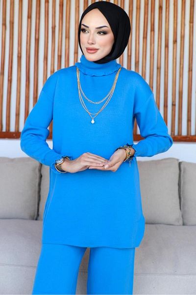 benguen 5113 Costum dublu cu guler cu volan și mâneci Albastru