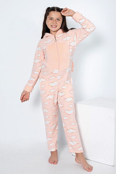 Pijamaevi Lachswolken-gemusterter Fleece-Plüsch-Overall-Pyjama für Mädchen