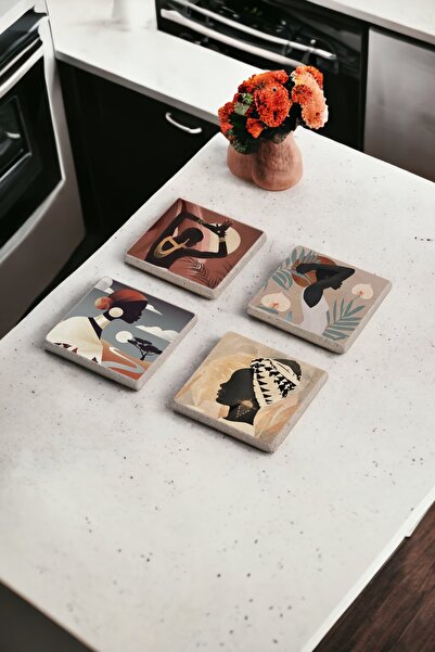 Baumatelier طقم قواعد أكواب من الحجر الطبيعي بتصميم المرأة الأفريقية مكون من ...