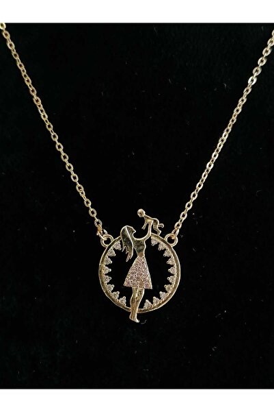 KADIN GOLD VE GÜMÜŞ PEMBE TAŞLI ANNE ÇOCUK HEDİYELİK KOLYE