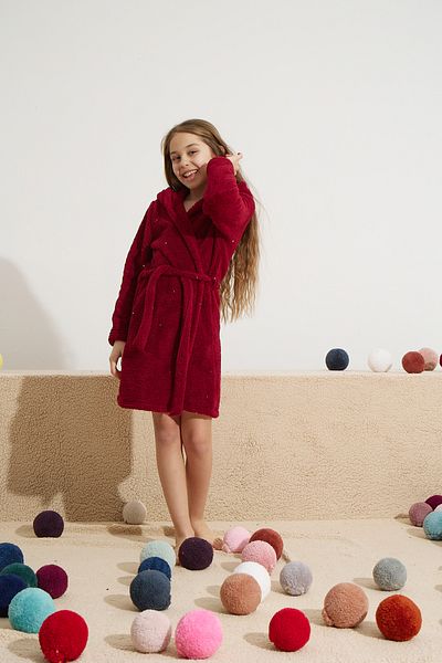 Siyah İnci burgundy Wellsoft Hooded Embroidered Dressing Gown