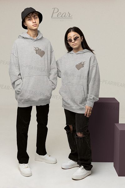 Pear Wear Fire Heart Printed Unisex 3 Thread Raised Lover Set Oversize φούτερ με κουκούλα