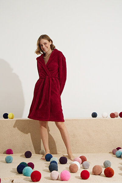 Siyah İnci burgundy Wellsoft Hooded Embroidered Dressing Gown