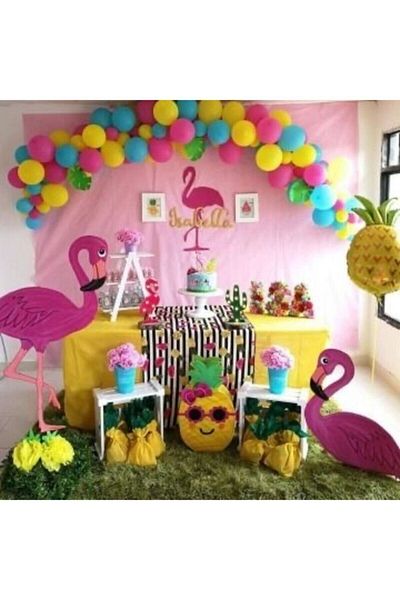MERİ PARTİ Flamingo Concept 100 Pieces Fuchsia-yellow-blue Color Metallic Balloons and Balloon Chain Party Concept