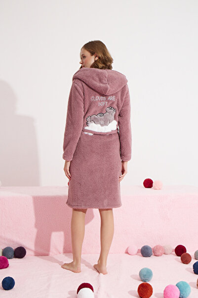 Siyah İnci gülkurusu Wellsoft Kapişonlu Nakışlı Sabahlık