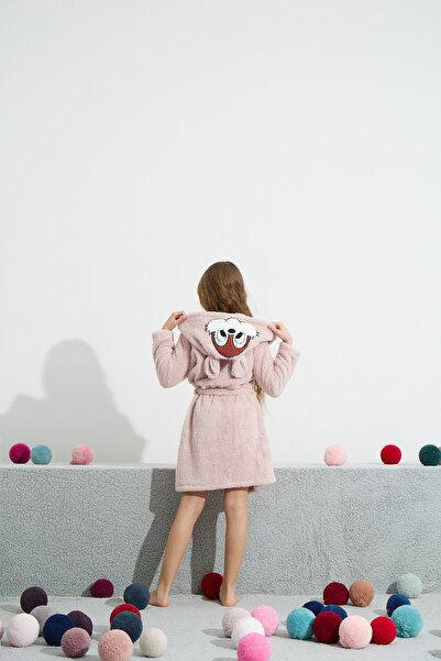 Siyah İnci pudra Wellsoft Kapişonlu Nakışlı Sabahlık