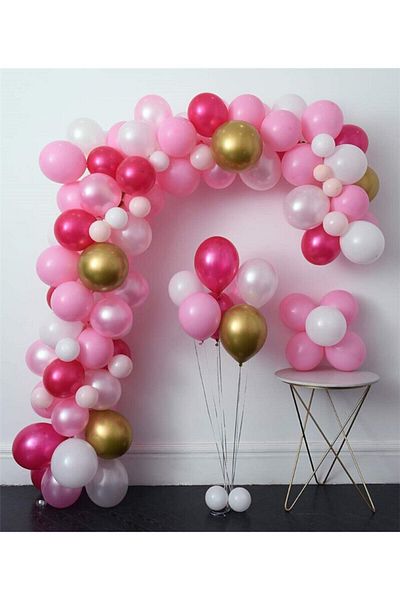 MERİ PARTİ 100 Pcs Fuchsia Pink White Metallic Balloon Gold Chrome Balloon Chain